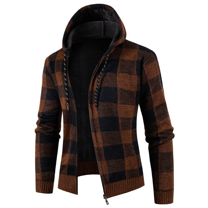 Men's Cozy Hooded Plaid Jacket Street-wave Warm Fleece Lined Winter Outerwear for Casual Wear