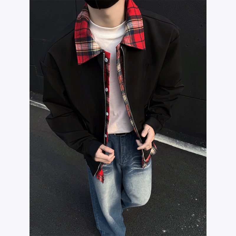 Street-wave Men's Bomber Jacket With Plaid Stand Collar For Urban Style And All Season Comfort