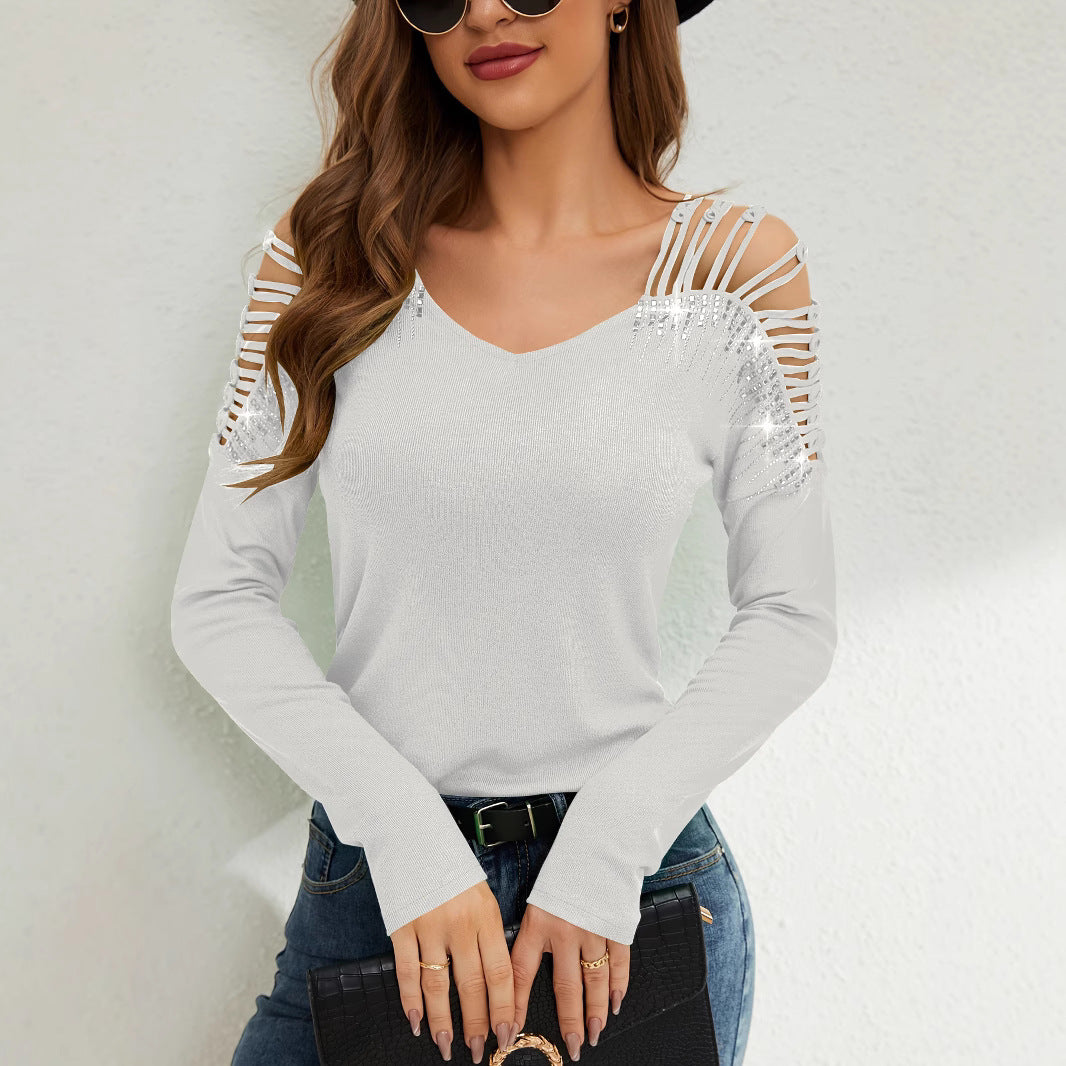Streetwave Women Off Shoulder Long Sleeve Top With Rhinestone Embellishments For Evening And Party Wear