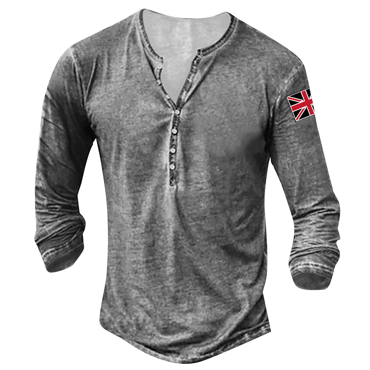 Streetwave Men's Long Sleeve Henley Shirt With Button Placket Union Jack Flag Patch