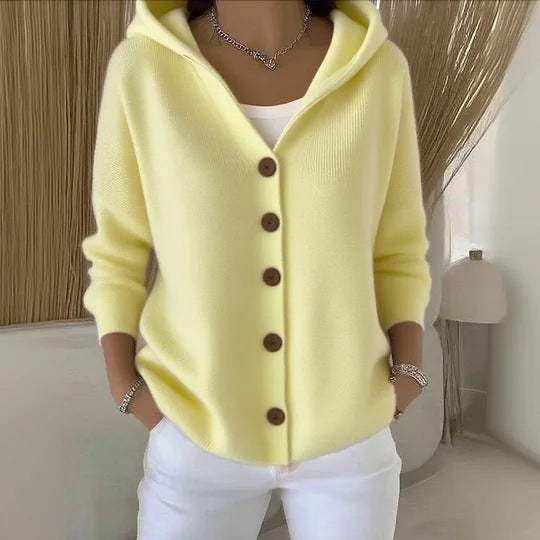 Street-Wave Women's Hooded Knit Cardigan with Button Details and Relaxed Fit for Everyday Comfort