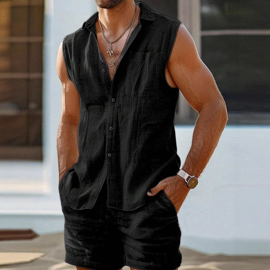 Mens Cotton Linen Sleeveless Shirt And Shorts Set In Relaxed Fit With Button Closure
