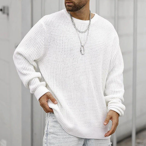 Street Wave Mens Textured Knit Crewneck Sweater Cozy Versatile Casualwear For Him