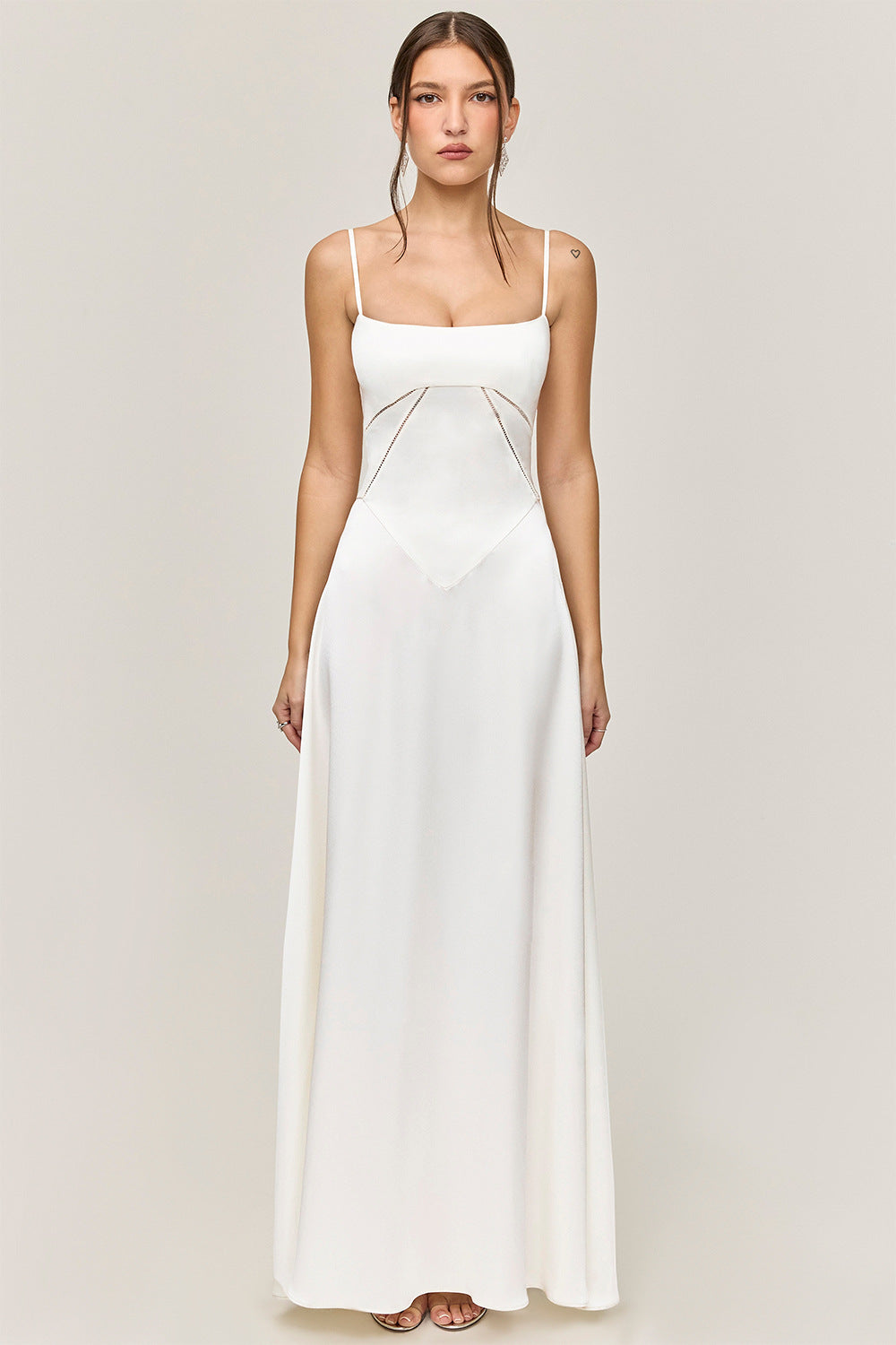 Women's Evening Dress – Satin – A-line Long Dress – Spaghetti Straps – Cut-out Waist