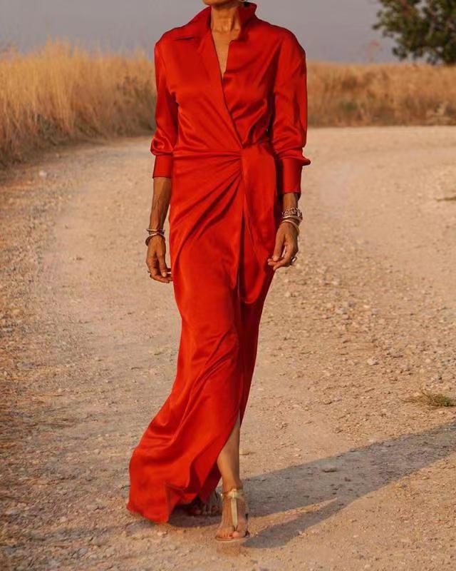 StreetWave Luxurious Satin Wrap Maxi Dress With Versatile Collar And Side Slit For Women
