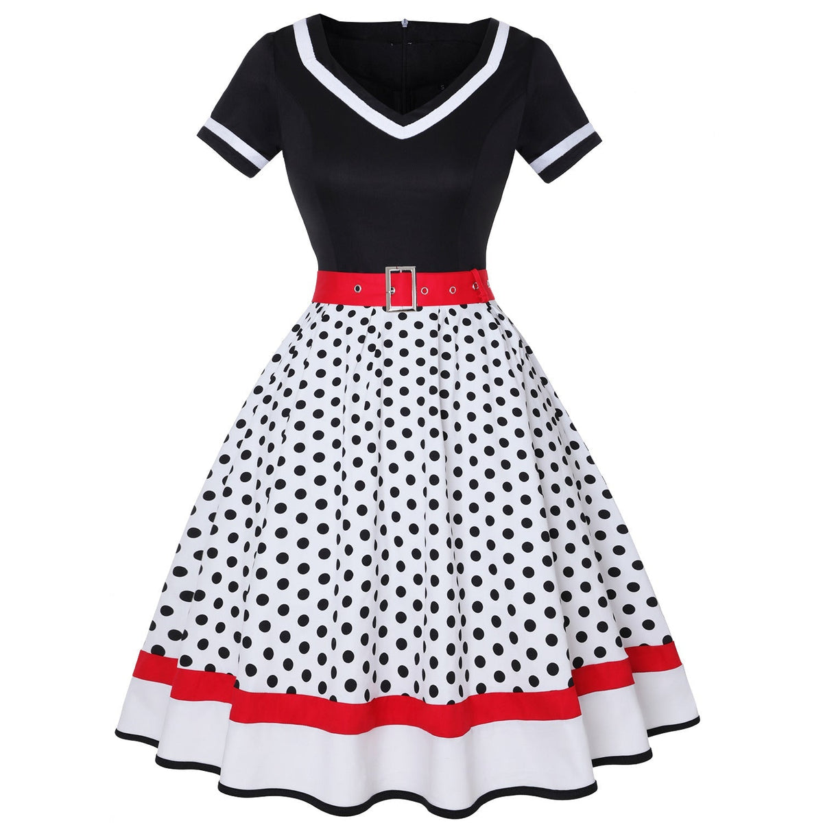 Street-wave Vintage Hepburn Polka Dot Dress For Women Belted Waist Retro Chic A-Line Midi