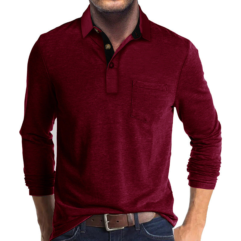 Street-Wave Mens Long Sleeve Polo Shirt With Pocket And Button Placket