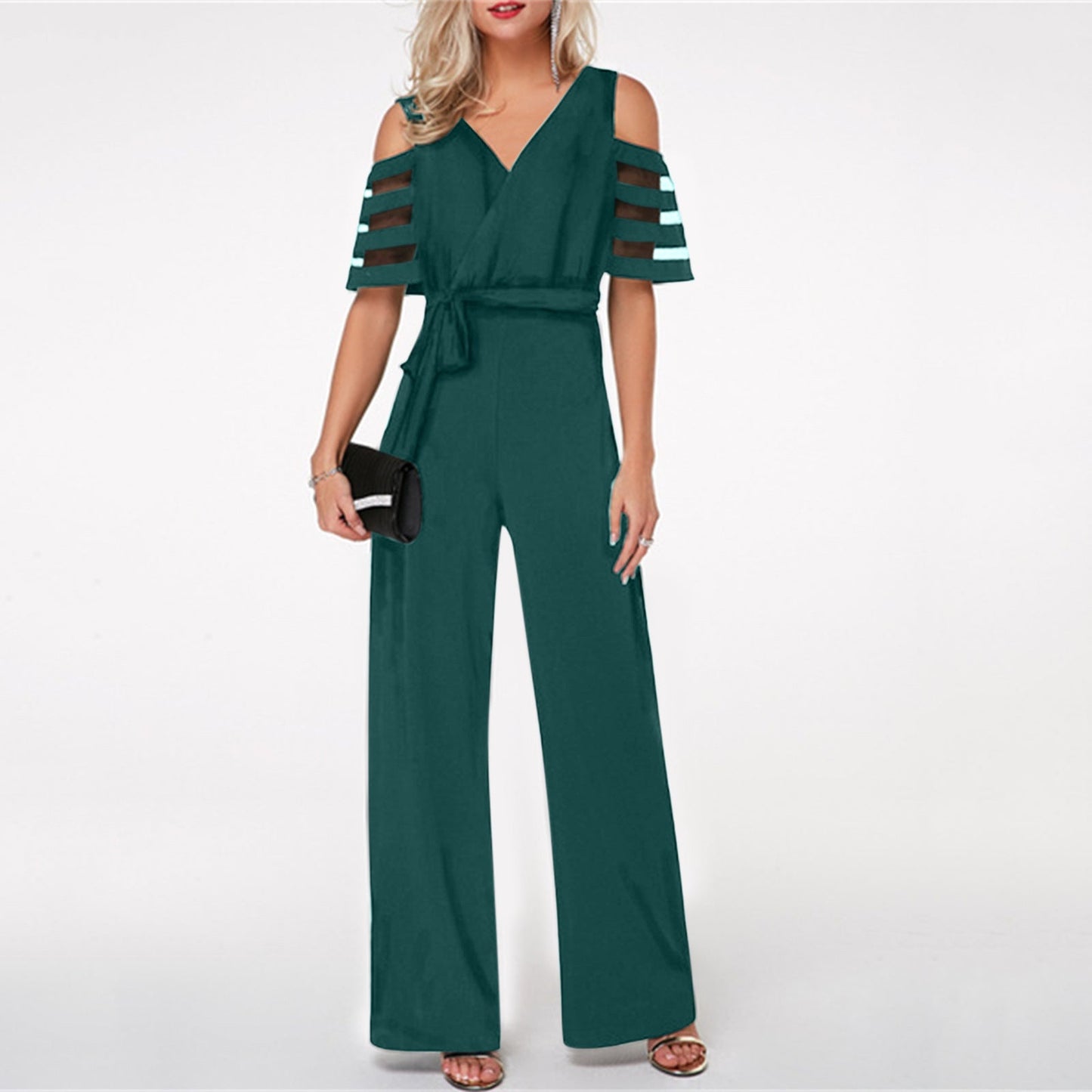 Street-Wave Elegant Women Jumpsuit With Sheer Sleeve Details And Waist Belt For Formal Evenings