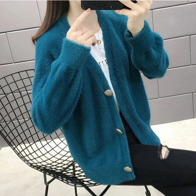 Street-wave Fluffy Knit Cardigan For Women With Elegant Button Details, Cozy Soft Warmth