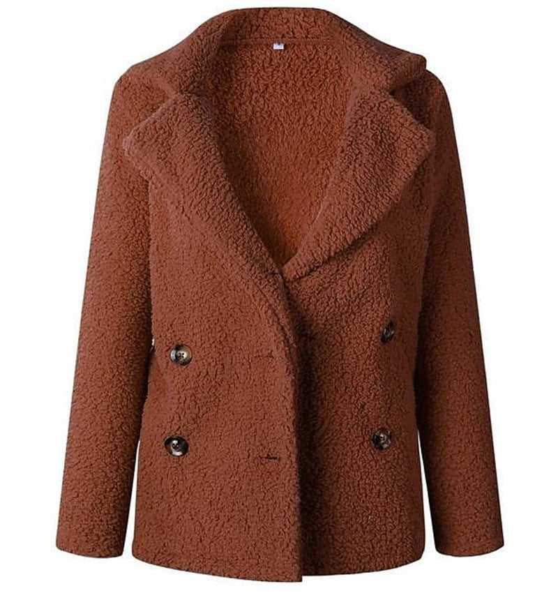 Street-Wave Womens Plush Faux Fur Double-Breasted Blazer Cozy Teddy Texture For Warm Chic Style