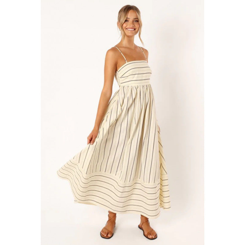 Street Wave Women Striped Maxi Dress With Elastic Waist For Elegant Breathable Comfort