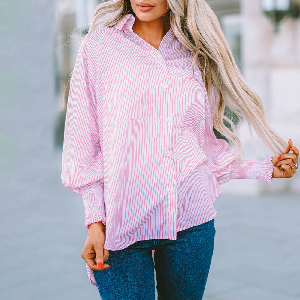 Women's Oversized Button-Down Shirt with Striped Pattern and Long Sleeves