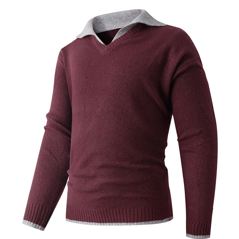 Street-Wave Men V-Neck Sweater With Shirt Collar And Fine Knit Texture Versatile Office Or Casual