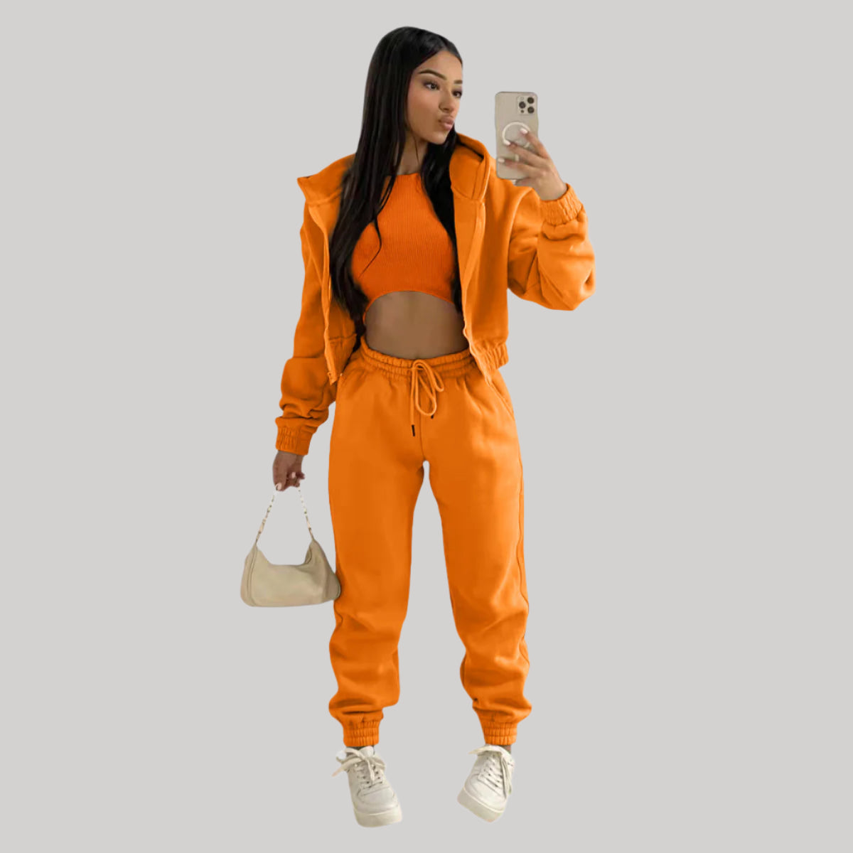 Street-wave Women Three-Piece Tracksuit Set With Cropped Ribbed Top Zip Hoodie And High-Waisted Joggers
