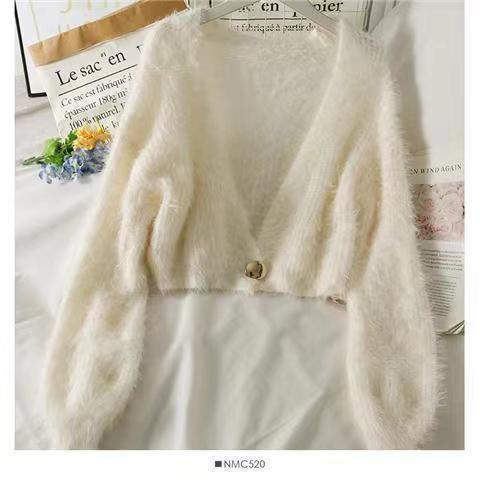 Street-wave Fluffy Short Knit Cardigan With V-Neck And Button Detail For Women Everyday