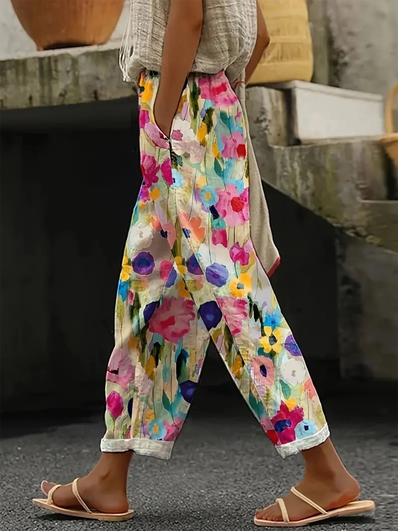 Street-Wave Women's Floral Wide-Leg Summer Pants With Pockets Breathable Lightweight Comfort