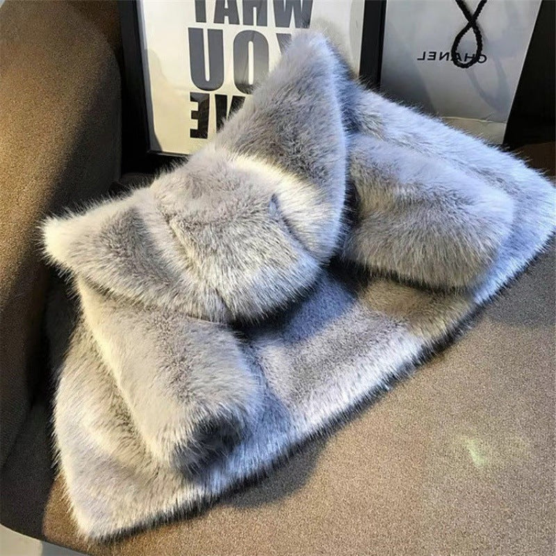 Street Wave Women Elegant Faux Fur Coat With Oversized Collar For Luxurious Warmth