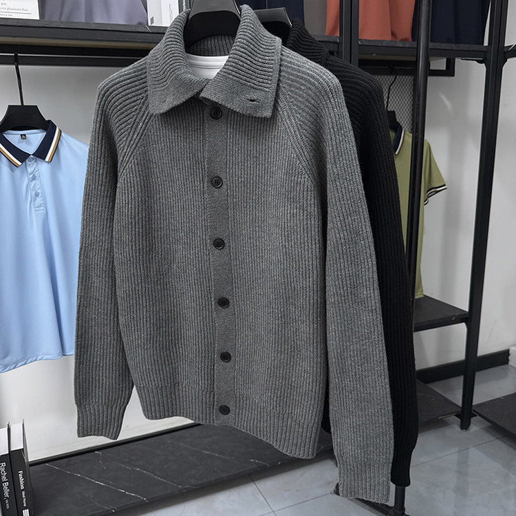 Street-Wave Men's Knit Cardigan With Soft Rib Knit Pattern, Button-Down Collar, Versatile Everyday Wear