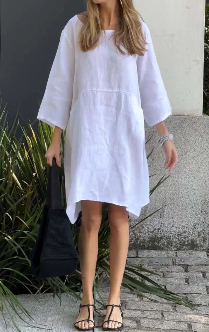 Street-Wave Womens Linen Dress With Pockets And Asymmetric Hem For Summer Style Essentials