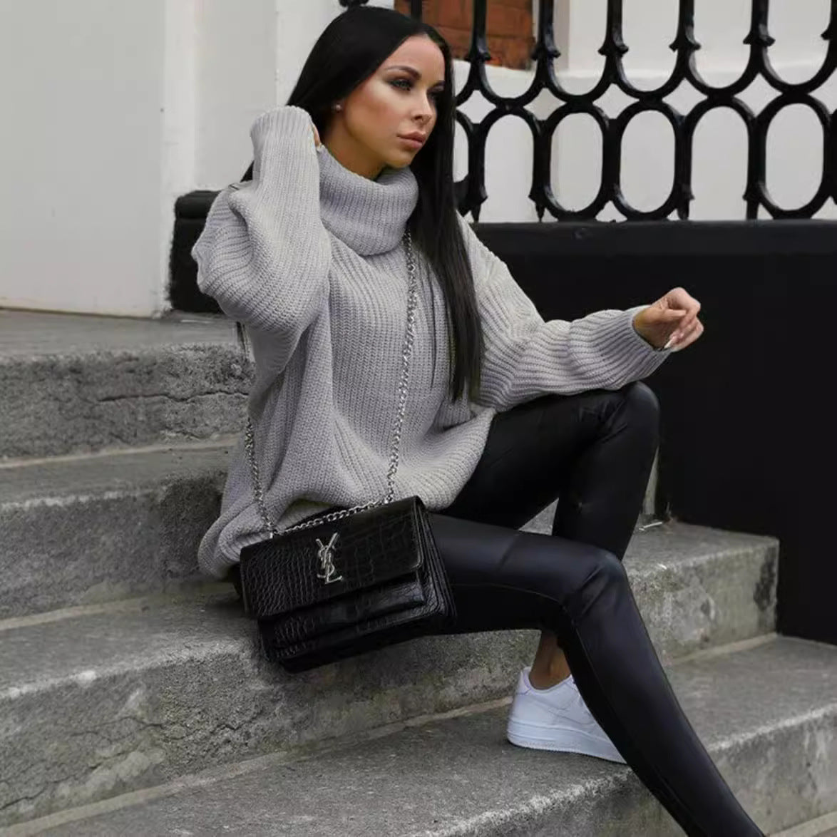 Street Wave Women Oversized Knit Sweater High Collar Cozy