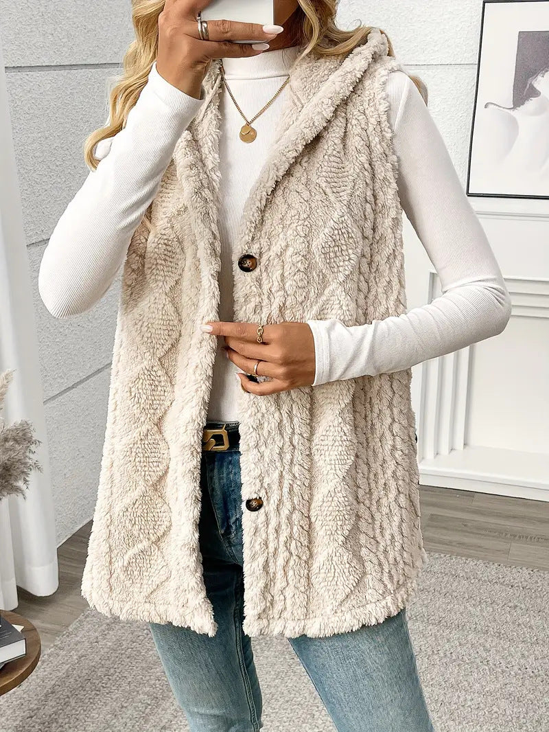 Street Wave Women's Plush Vest With Hood And Button Closure For Cozy All Day Warmth