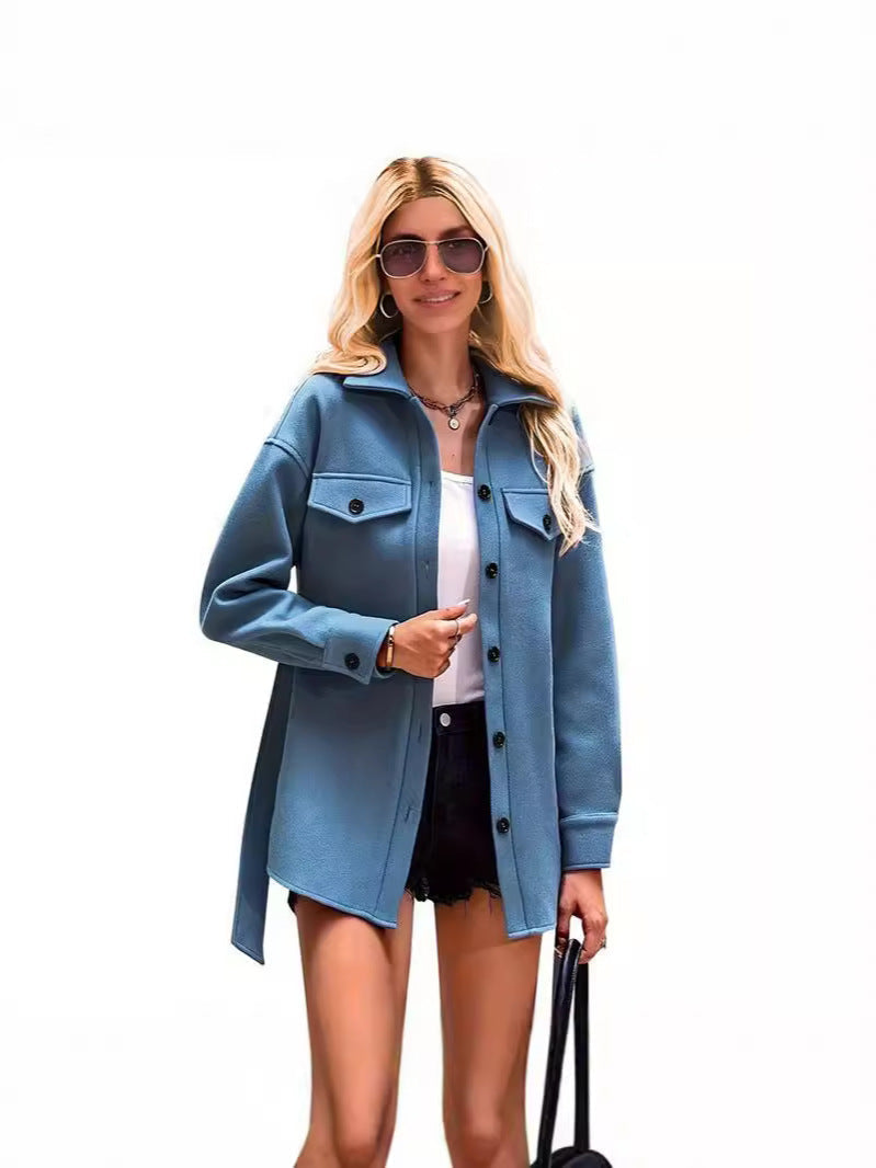 Streetwave Wool Short Coat With Belt Oversized Fit Notch Lapel Button Closure For Women