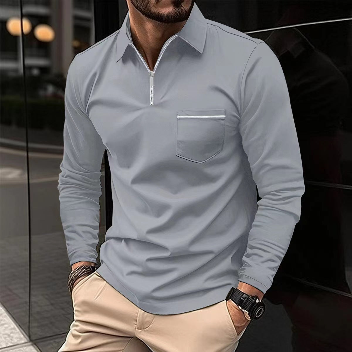 Street-wave Men's Zip Front Long Sleeve Shirt With Chest Pocket For Modern Casual And Formal Wear