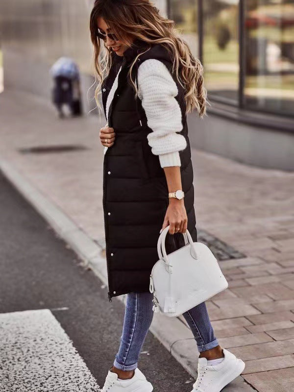 Streetwave Women Long Puffer Vest With Hood Side Pockets For Warmth And Style Everyday Wear