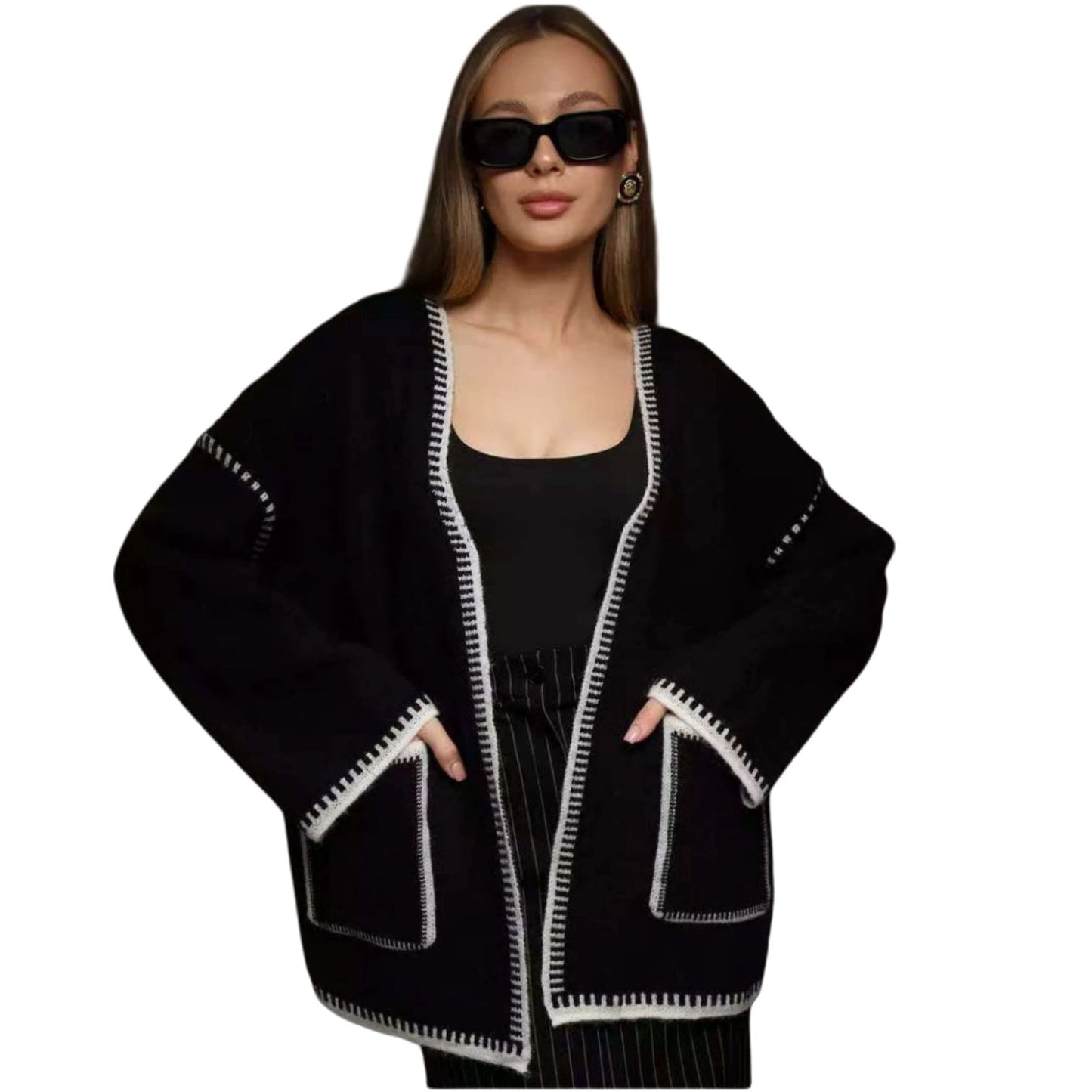 Streetwave Chic Women's Knit Cardigan With Large Lapel And Practical Pockets For Everyday Style