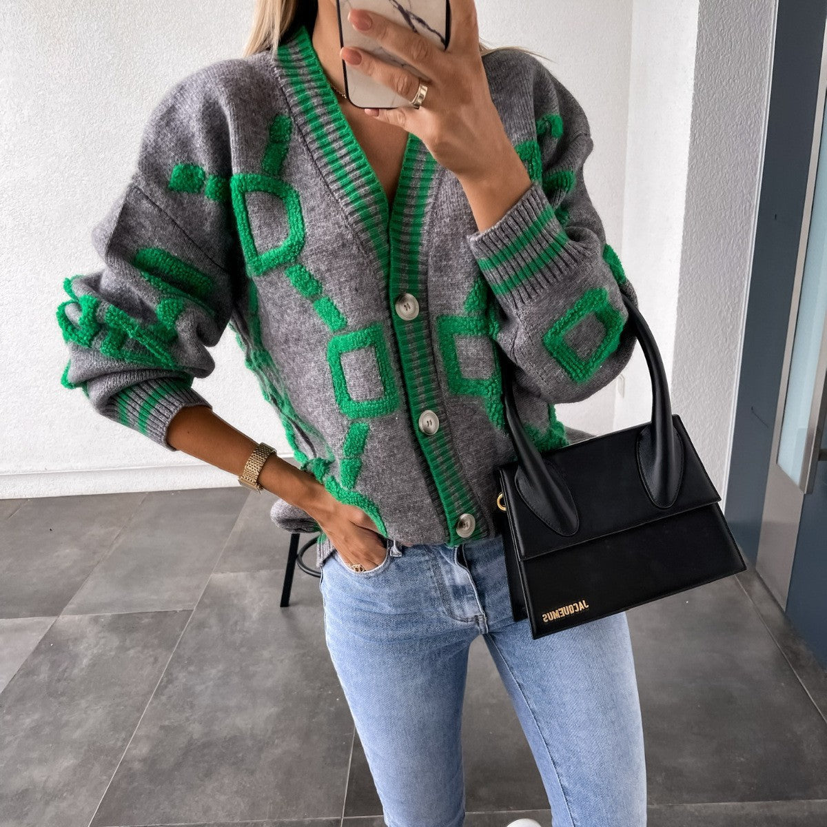 Street-Wave Womens Wool-Blend Knit Cardigan With Graphic Geometric Design And Button Placket