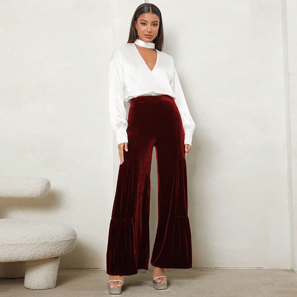 Street-Wave Velvet Wide-Leg Plush Pants With Pleats And High Waist For Women Night Out