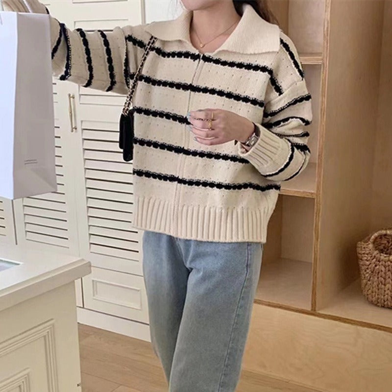 Street-wave Striped Knit Sweater For Women Cozy Transitional Wear Soft Wool Blend