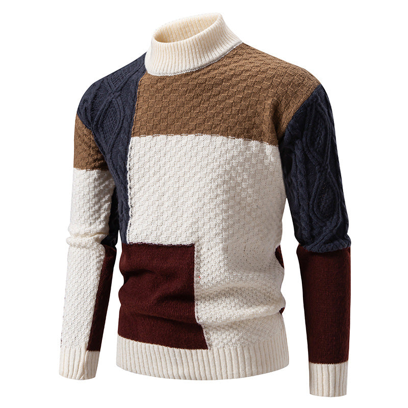 Streetwave Mens Patterned Knit Pullover With High Neck And Color Block Accents For Warmth