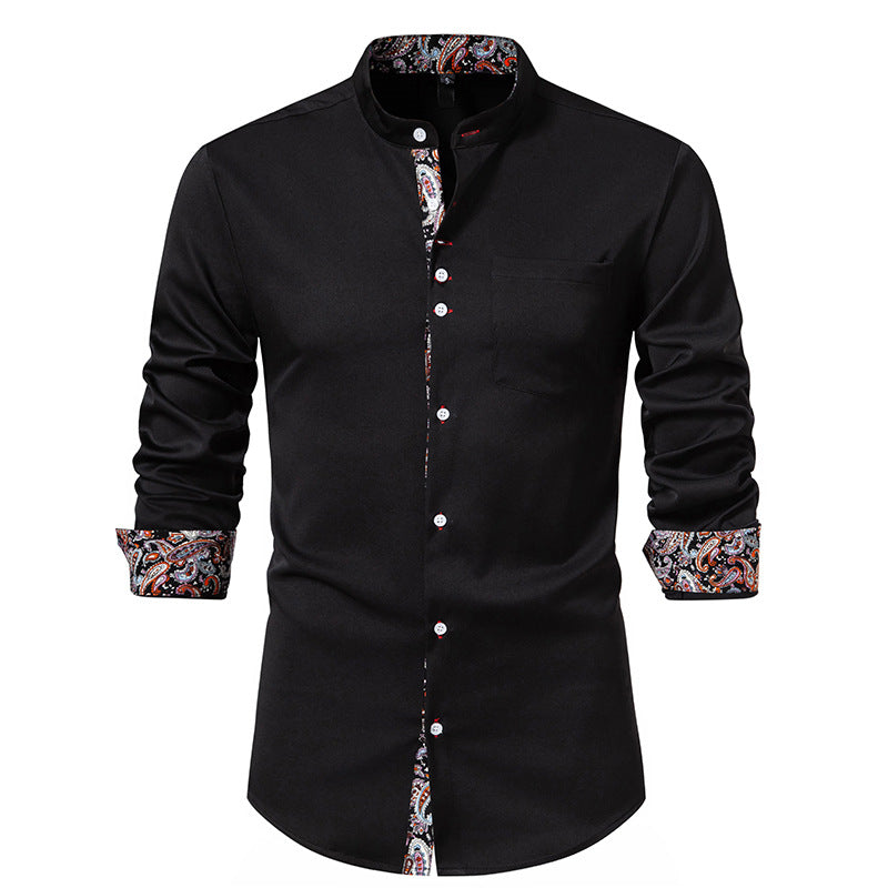 Street-Wave Men's Long Sleeve Shirt With Modern Stand Collar And Paisley Pattern For Style Conscious Men