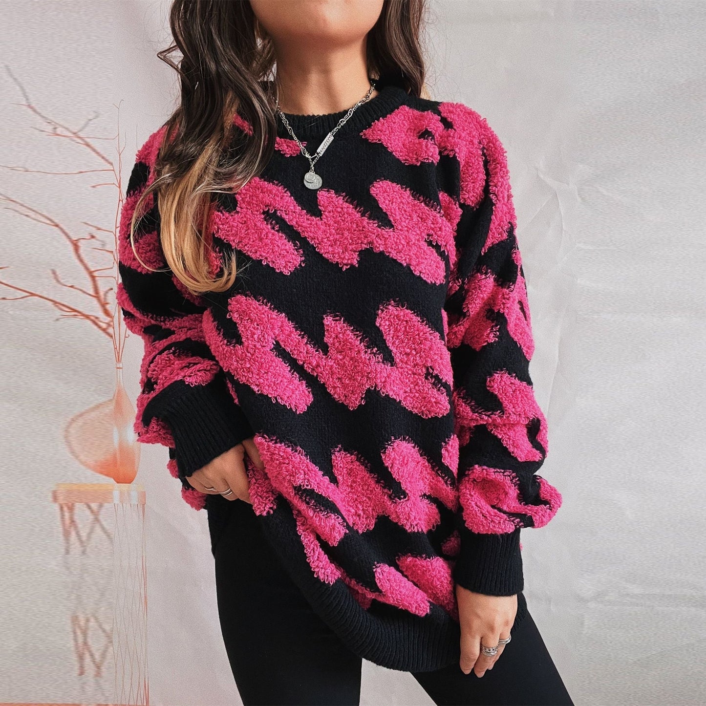 Street Wave Womens Textured Neon Knit Sweatshirt With Contrasting Pattern For Women Who Love Bold Color