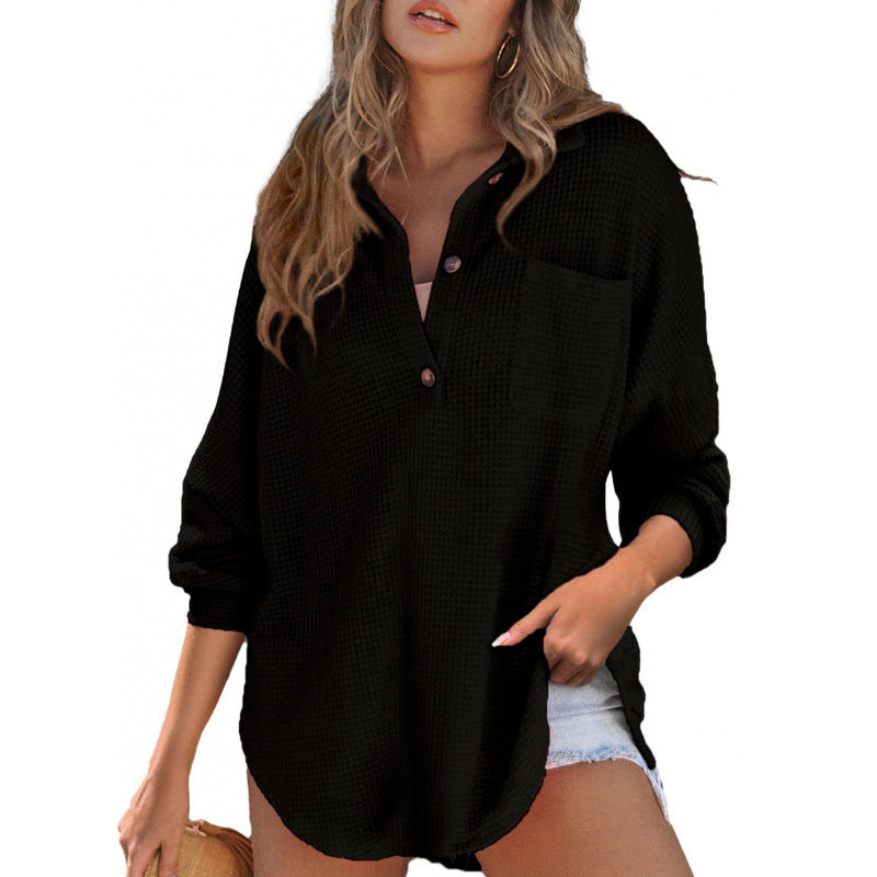 Street-wave Waffle Knit Shirt For Women Stand Collar Button Placket Breathable Casual Essential Versatile Everyday Top