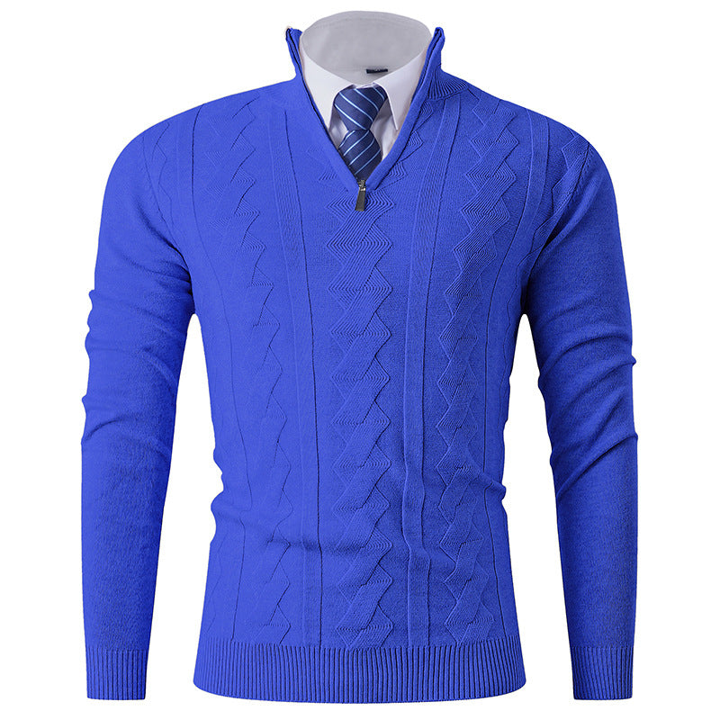 Street Wave Men's Premium Elegant Stand Collar Knit Sweater With Textured Zipper For Everyday Wear