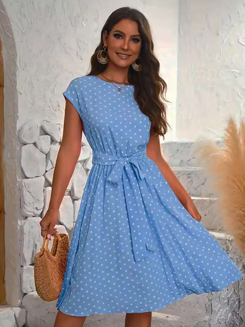 Polka Dot Midi Dress With Waist Tie Belt For Women Streetwave Chic Flattering Fit