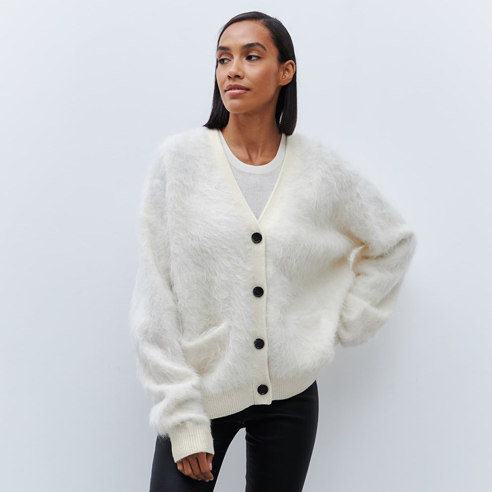 Street Wave Pink Mohair Cardigan For Women Ultra Soft Cozy Knit With Button Front