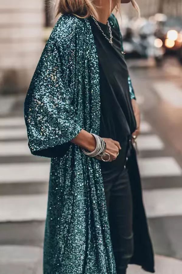 Street Wave Sequined Cardigan With Glam Glitter Fabric And Three Quarter Sleeves For Party Ready Women
