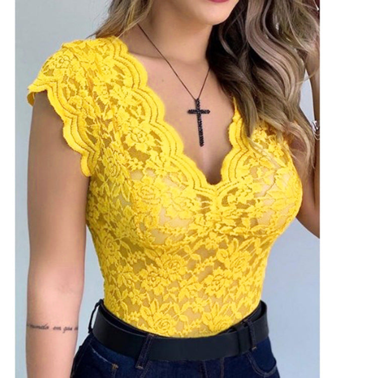 Street Wave Lace Bodysuit Women Deep V Neck With Ruffle Sleeves Elegant Evening Top