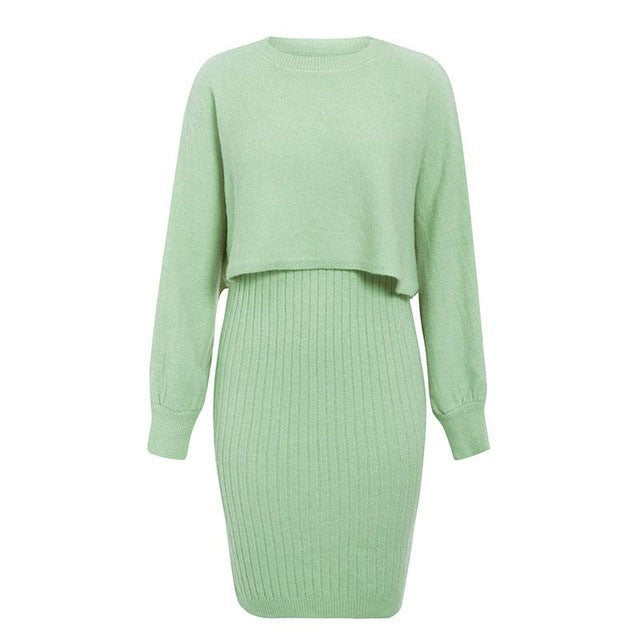 Womens Knit Dress Street Wave With Contrasting Top And Ribbed Skirt For Elegant Comfort