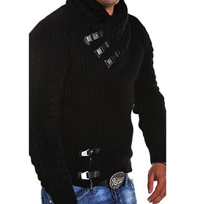 Street Wave Men's High Collar Cable Knit Sweater With Buckle Details For Warm Comfort And Style