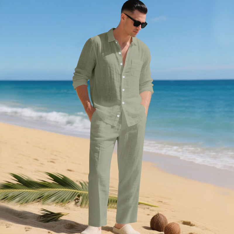 Street-wave Men's Lightweight Linen Outfit With Breathable Shirt And Elegant Trousers Summer Ready