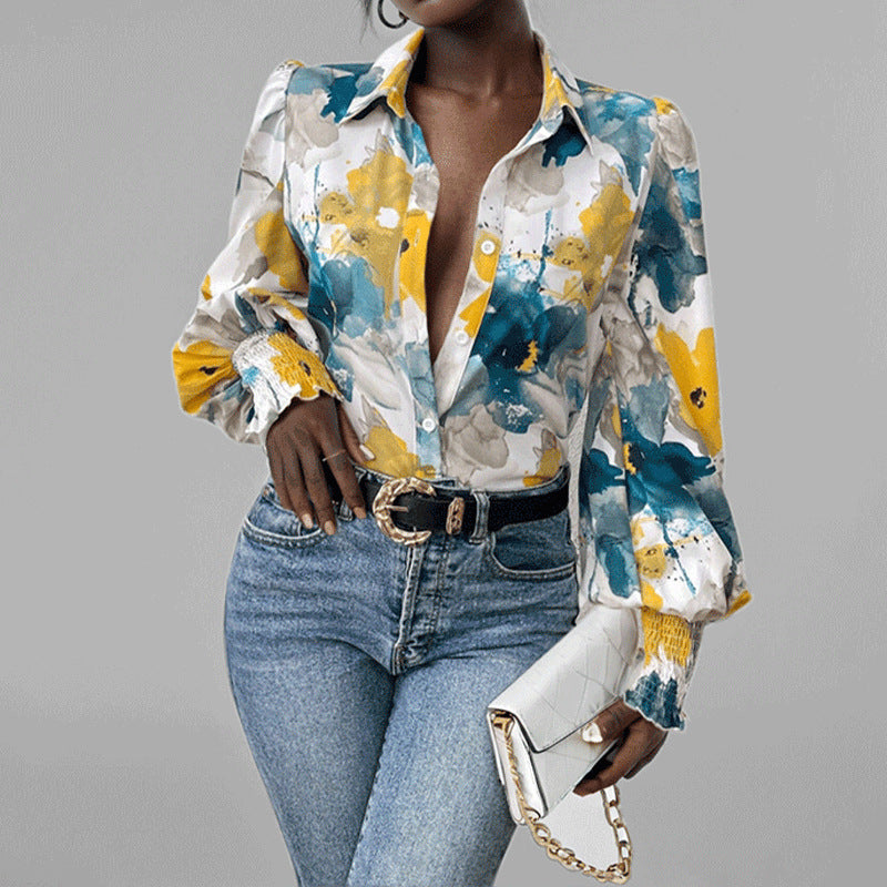 Street-Wave Women's Oversized Floral Shirt with Puff Sleeves