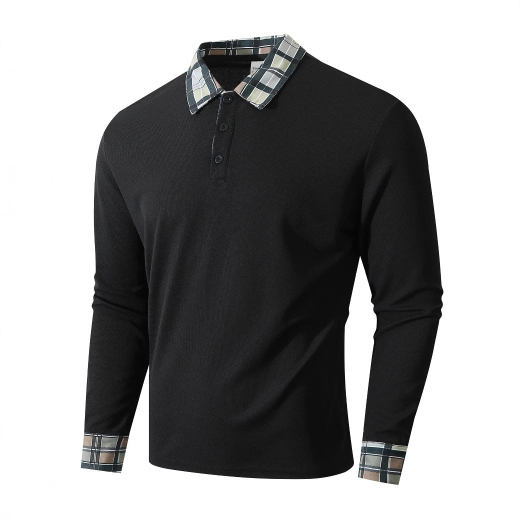 Street-Wave Mens Premium Long Sleeve Polo Shirt With Structured Collar And Fine Plaid