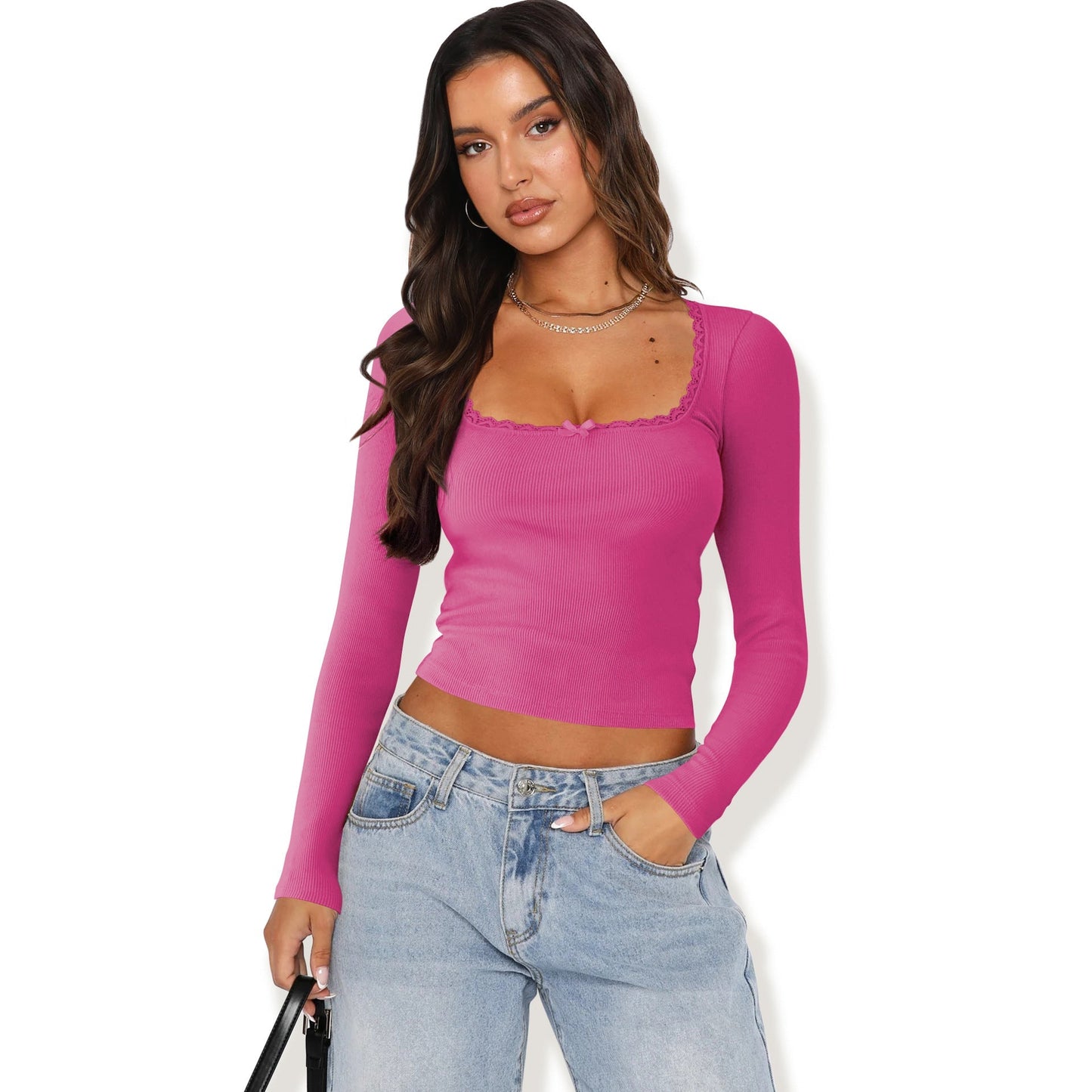 Street-Wave Women's Long Sleeve Top With Elegant Ruffle Neckline Fitted Silhouette