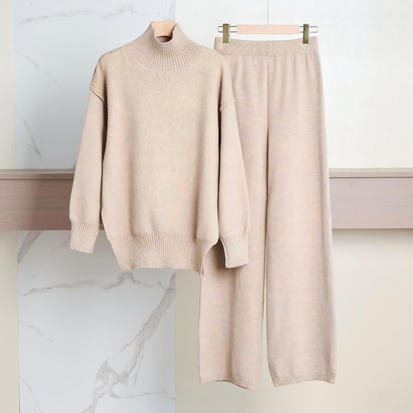Street-Wave Women's Cozy High-Neck Knit Set With Relaxed Wide-Leg Pants For Effortless Style