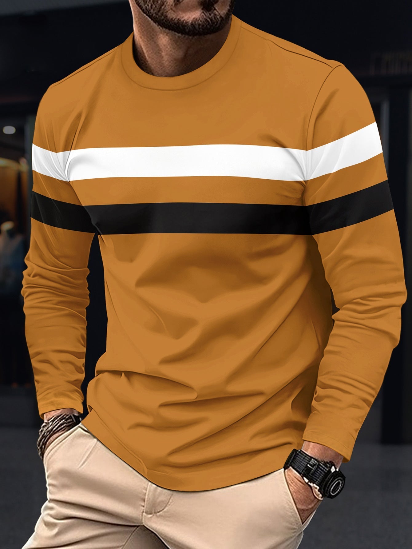 Street-wave Men's Long Sleeve Shirt With Sport Stripe Design, Breathable Comfort, Trendy Urban Wear