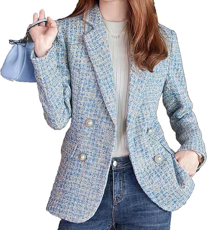 Street-wave Womens Tweed Blazer Double Breasted Chic Elegant Versatile For Office And Evening